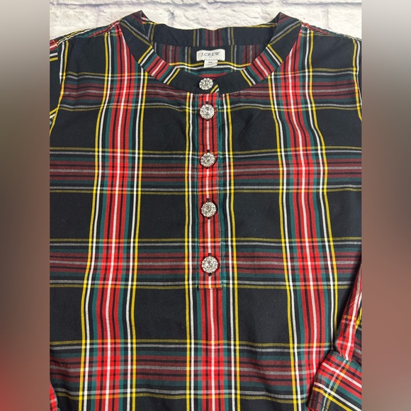 J. Crew Tartan Plaid Blouse with Rhinestone Buttons. Holiday Party. Christmas. - Picture 3 of 8